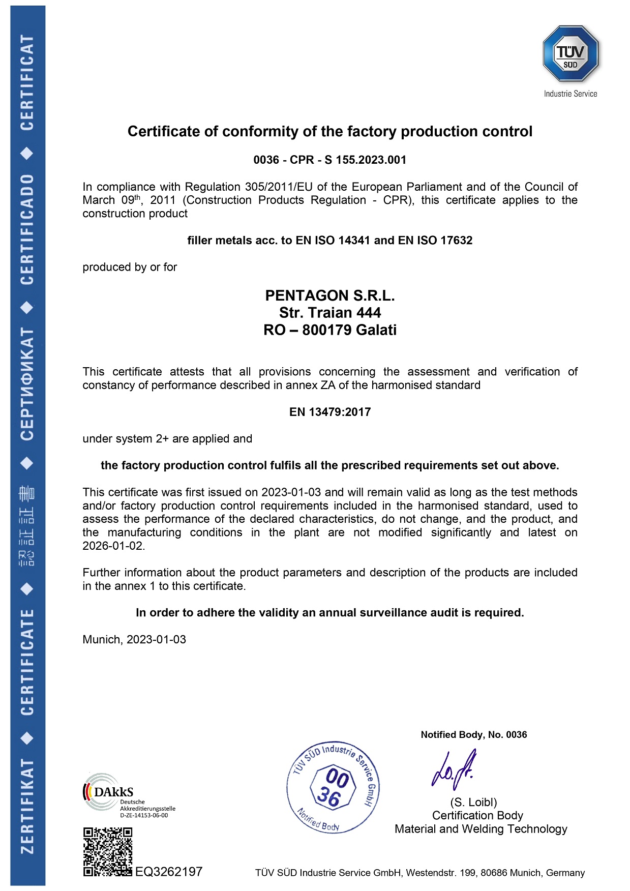 Certificat de conformitate al controlului producÄā€ŗiei din fabricĆ„Ā Pentagon Romania